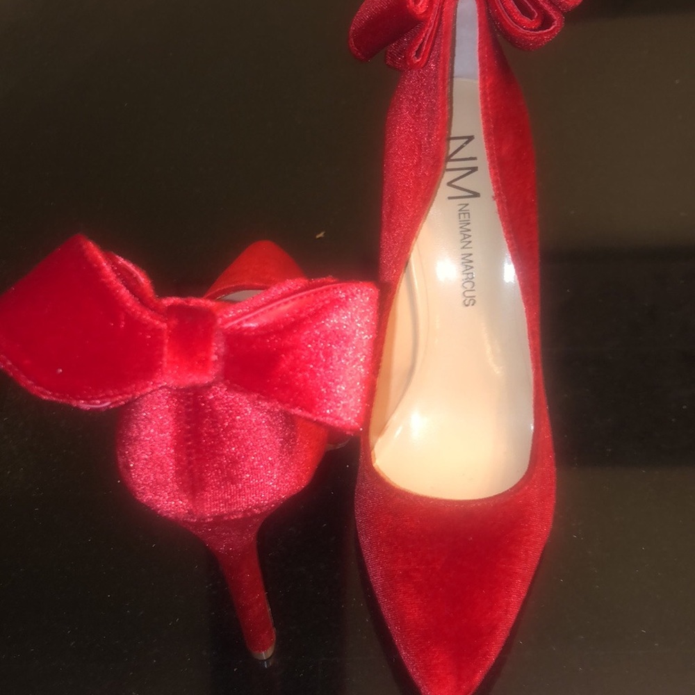 Red Velvet Newman Marcus High Heels with Bow